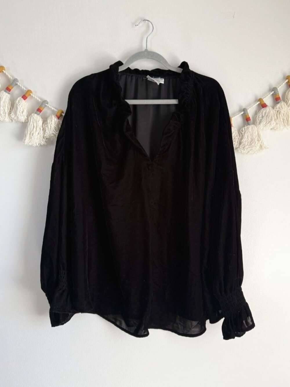 Finley Crosby Flounce Trim Velvet Poplin Long Sleeve Black Top Modest Whimsigoth